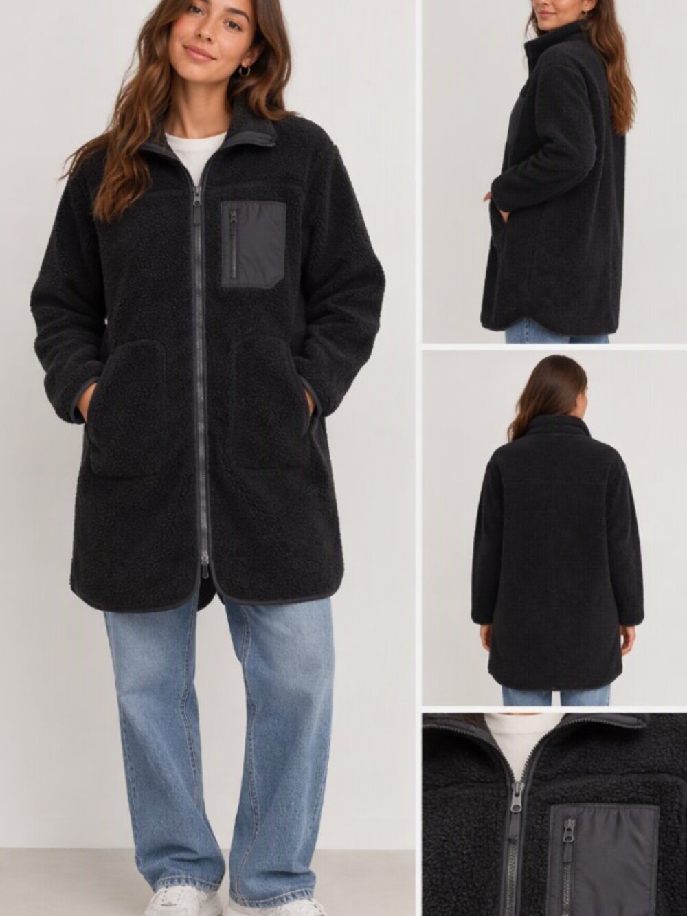 H&M Black Teddy Sherpa Fleece Longline Jacket Coat Size M